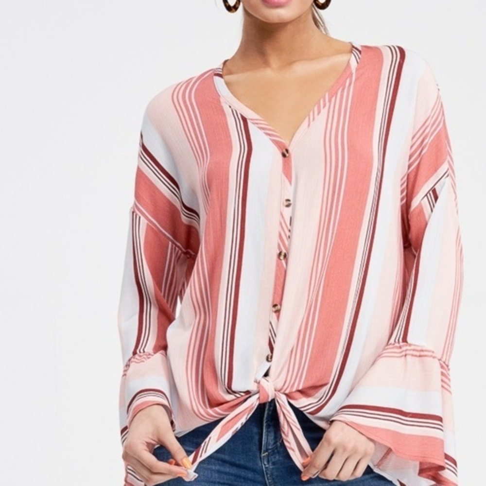 White Birch Striped knit top with Trumpet sleeve -L NWT